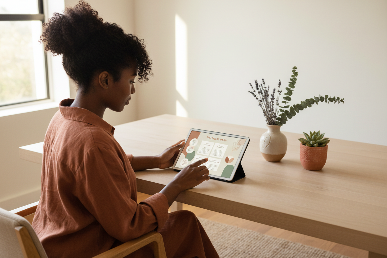 Woman with natural hair reviewing her personalized Hair Wellness Blueprint on a tablet in a warm, earthy wellness setting