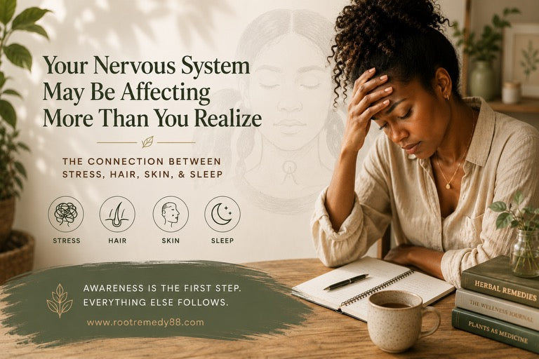 Woman reflecting at a desk with herbal books and tea, with text: Your Nervous System May Be Affecting More Than You Realize — The Connection Between Stress, Hair, Skin & Sleep
