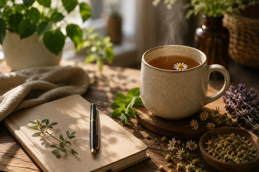 A warm, calming wellness scene representing stress relief and herbal self-care