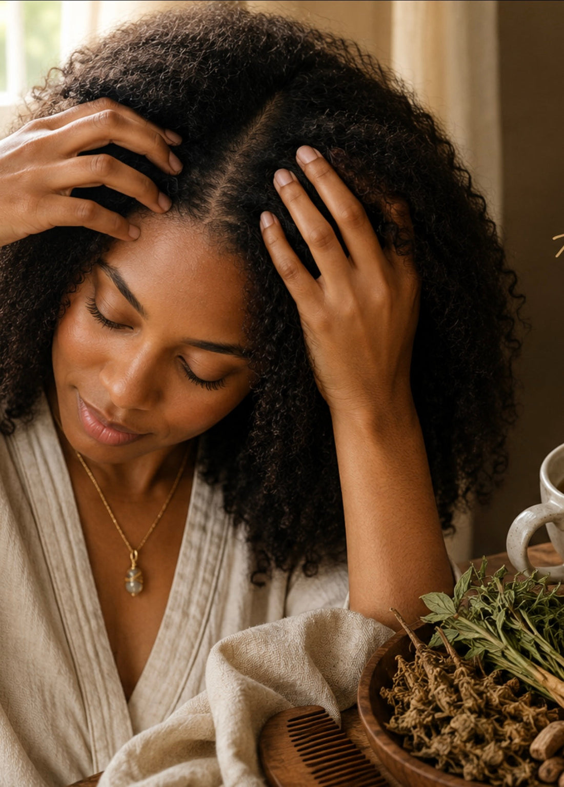 Woman massaging her scalp with herbs and a wooden comb nearby, representing natural hair wellness