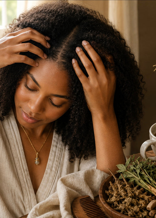 Woman massaging her scalp with herbs and a wooden comb nearby, representing natural hair wellness