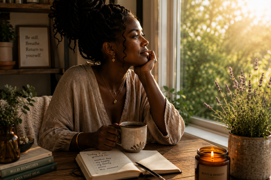 A woman sitting by a window with a journal, herbal tea, and lavender — a moment of soul care and intentional wellness