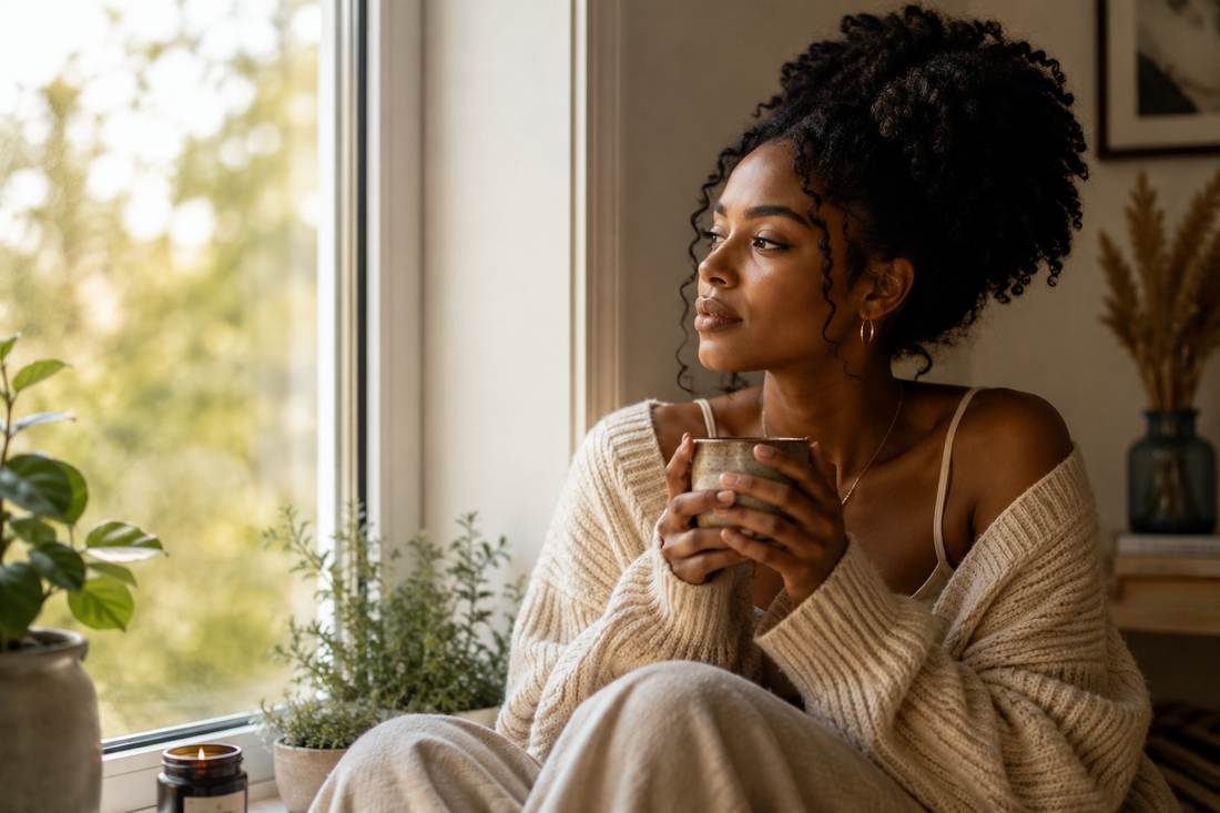 Woman sitting by a window holding a warm cup of tea, surrounded by plants, in a calm and mindful moment