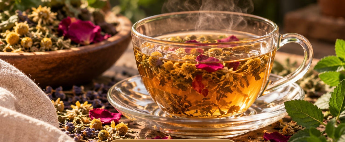 A steaming glass cup of herbal tea with flowers and herbs, surrounded by dried botanicals and green leaves.