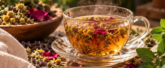 A steaming glass cup of herbal tea with flowers and herbs, surrounded by dried botanicals and green leaves.
