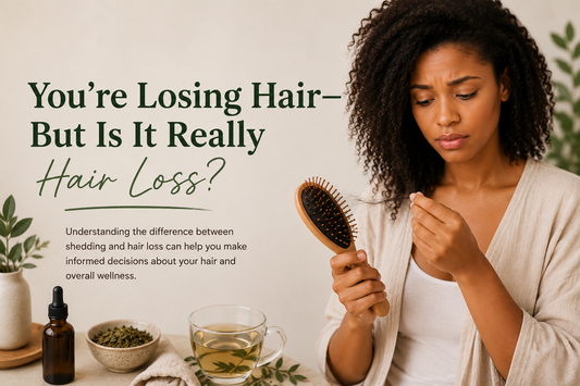 Woman examining hair strands from a brush, with herbal tea and hair oil on the table — Root Remedy blog on hair shedding vs hair loss