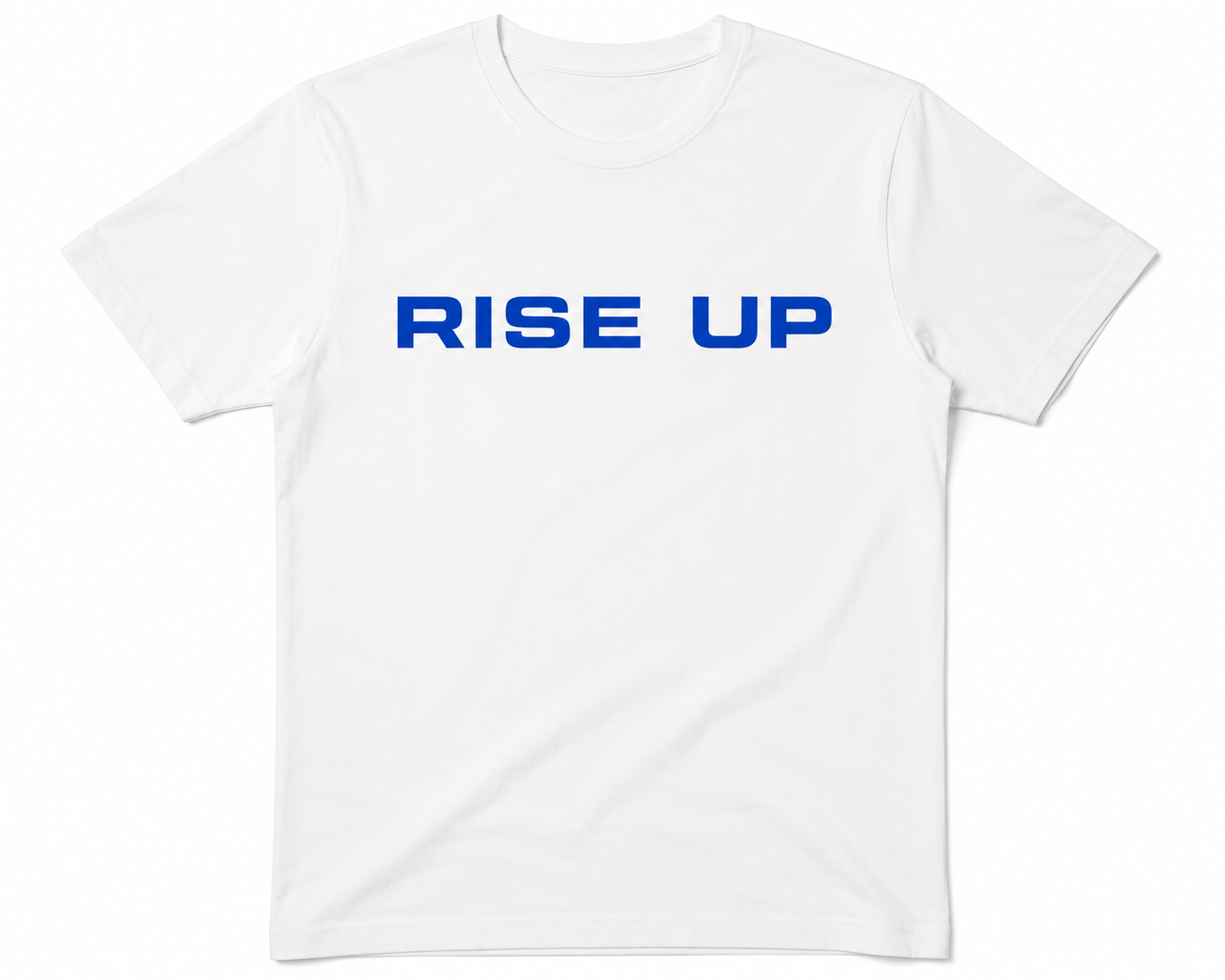 Rise Up Tee - white tee with blue lettering, front view